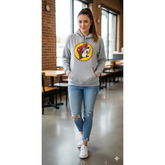 Buc-ee's Gray Beaver Logo Drawstring Fleece Hoodie Novelty Mens Size Medium - Picture 1 of 8